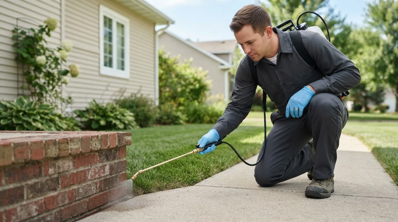 Pest control technician treating a home near Rock Port, MO